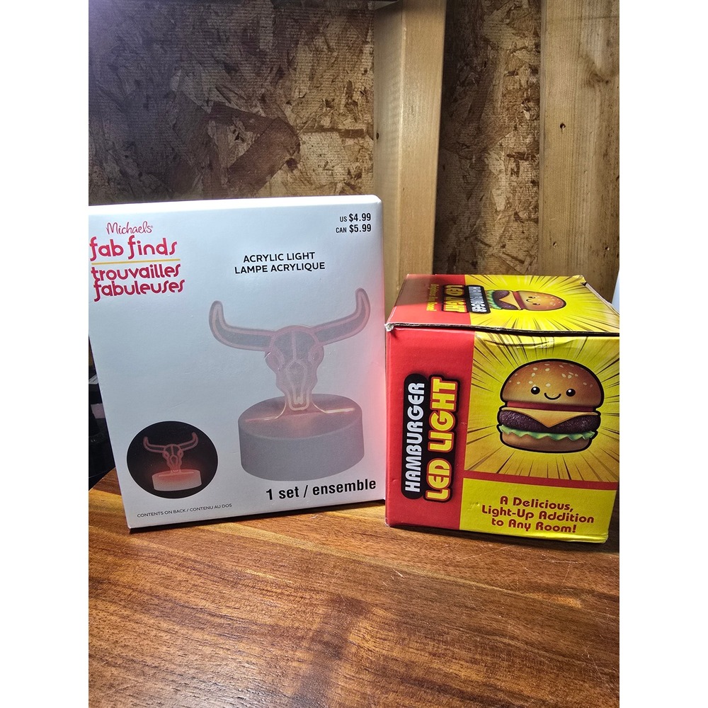 Michaels Steer Skull Acrylic Light and Hamburger Color Changing LED Light Bundle